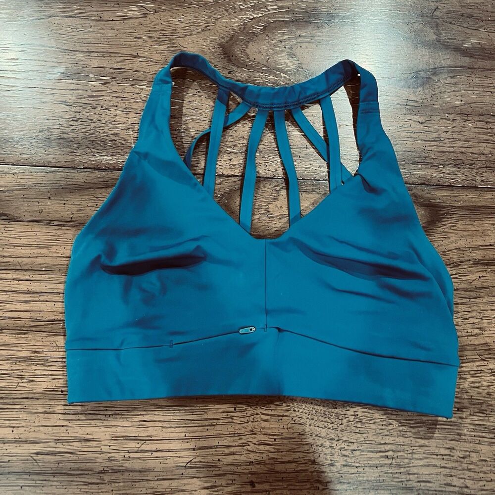 Athleta Womens Fully Focused Sports Bra Teal Strappy Yoga Gym Workout 32D 32DD